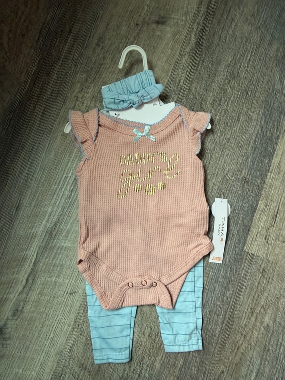 Tahari Pink Knit Baby Bodysuit with Blue Striped Leggings & Headband